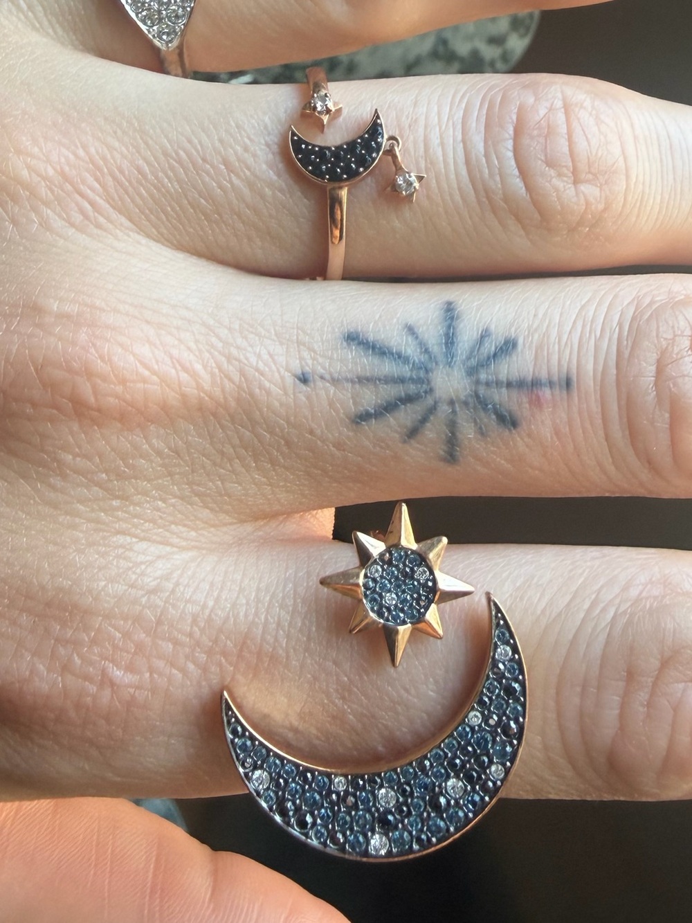 Swarovski Celestial Moon & Star Ring Set in Rose Gold with Blue Stones
